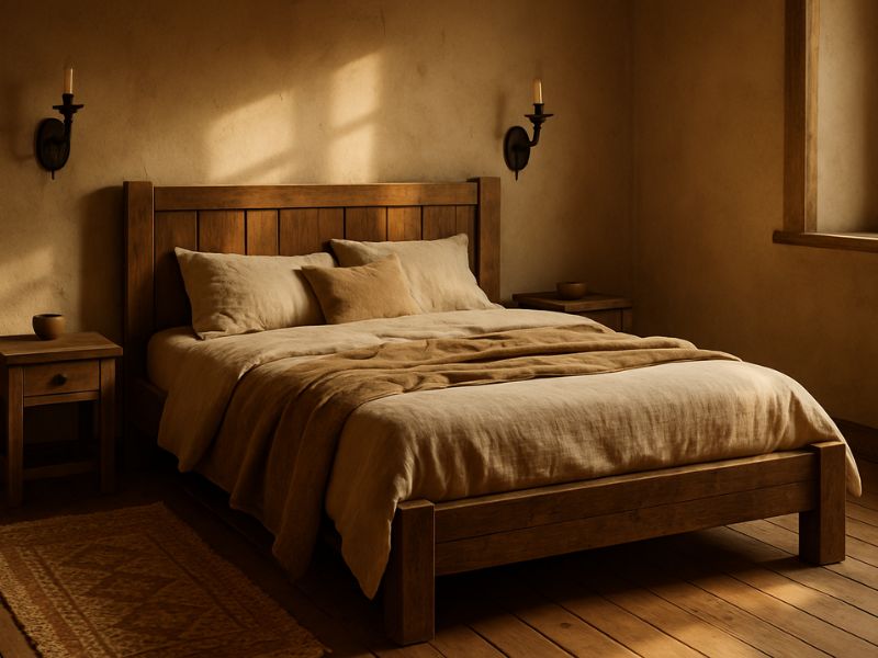 A cozy rustic bedroom with a weathered wood bed frame, linen bedding, iron sconces, and a handwoven rug