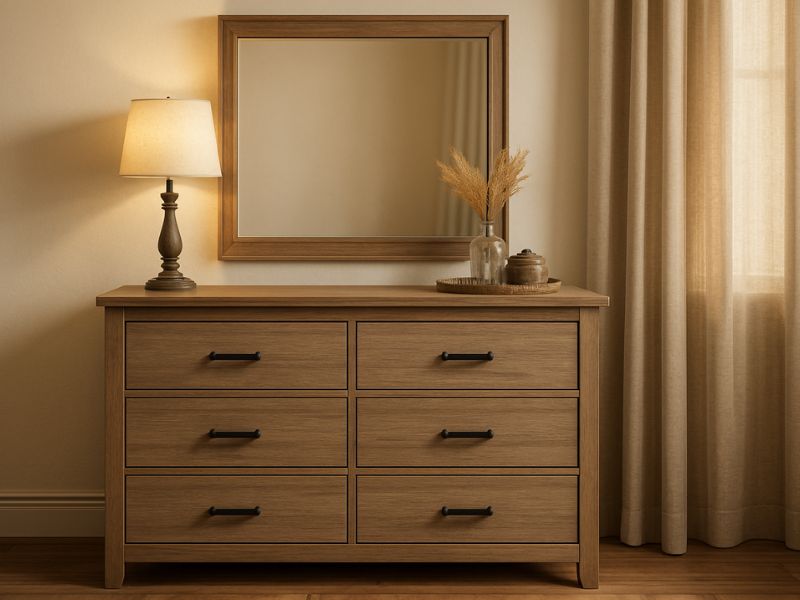 A farmhouse-style six-drawer dresser in lintel oak finish with matte black handles