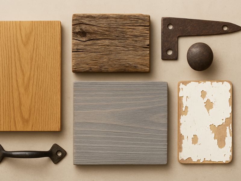 A flat lay composition showing three rustic wood samples