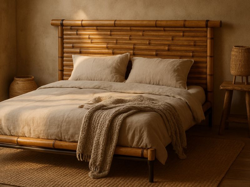 A rustic bedroom scene with a low-profile bamboo and black steel platform bed,