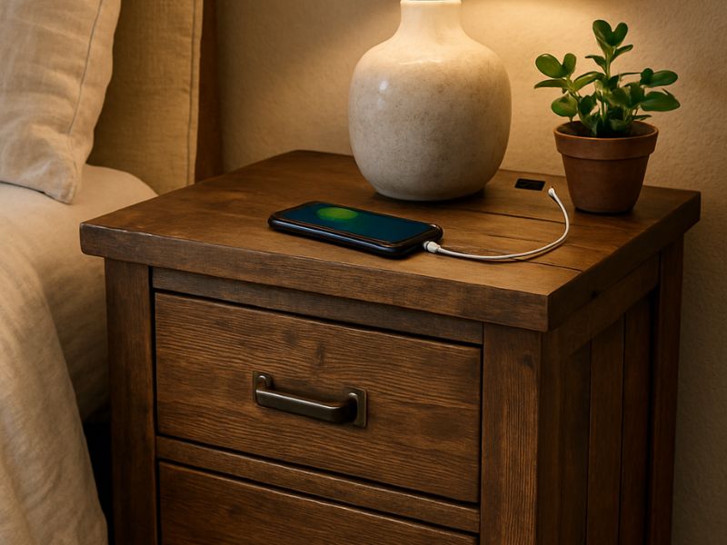 A rustic plank-style nightstand in warm brown wood finish with bronze hardware