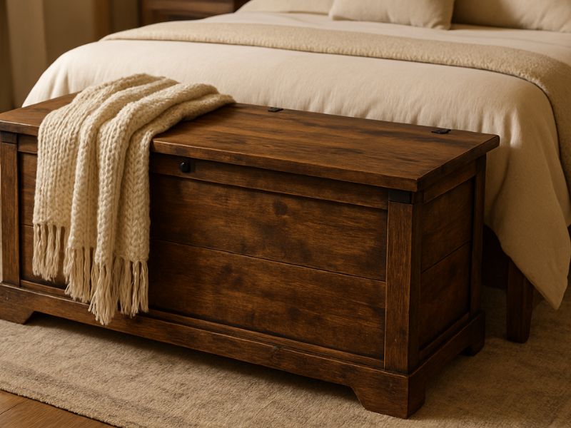 A rustic storage chest bench in distressed brown wood