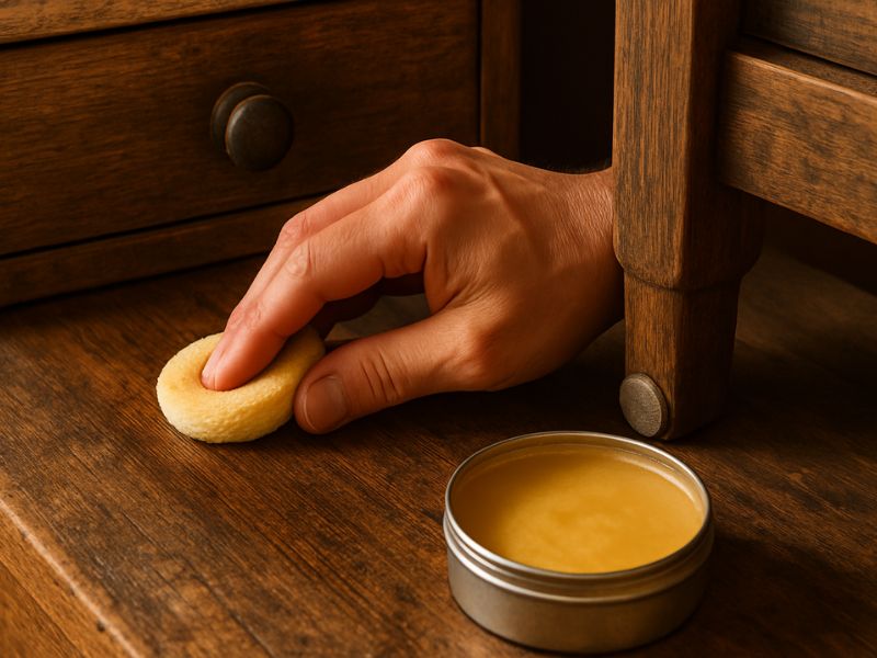 Close-up of a hand applying beeswax polish to a weathered wooden dresser top.