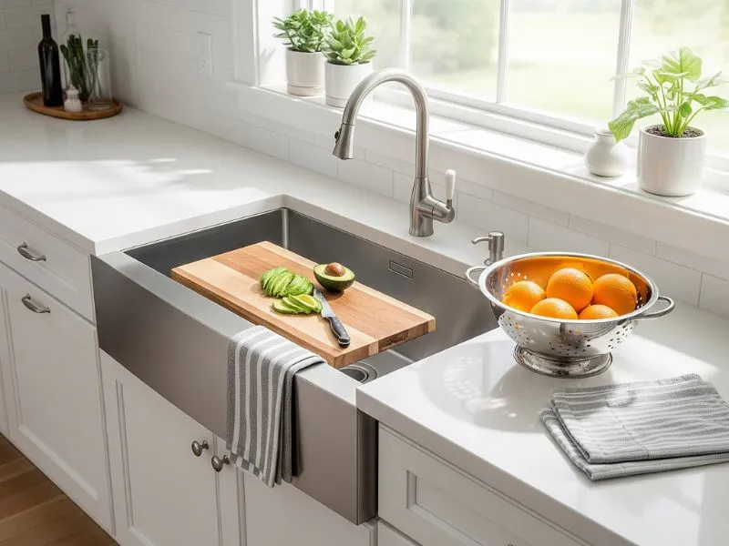 A bright kitchen features an apron-front workstation sink with a cutting board of avocado and a colander of oranges