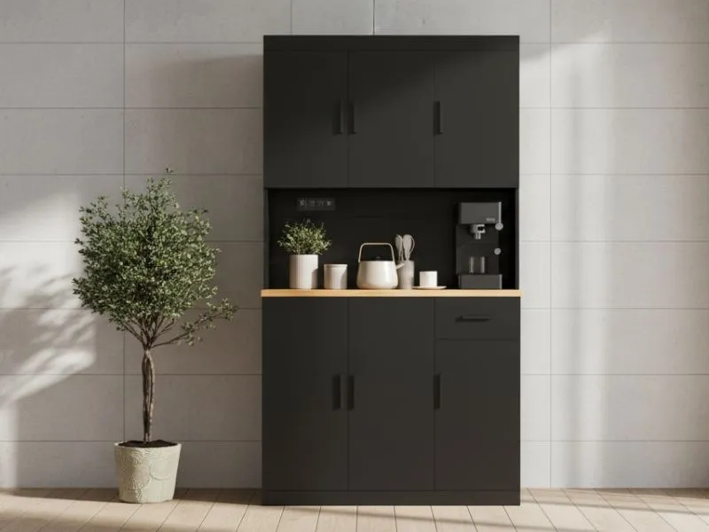 DIYART tall matte black pantry cabinet styled as a modern coffee station in a kitchen