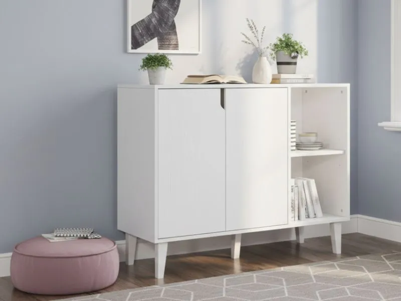 Panana white flat panel buffet cabinet styled in a Scandinavian dining room