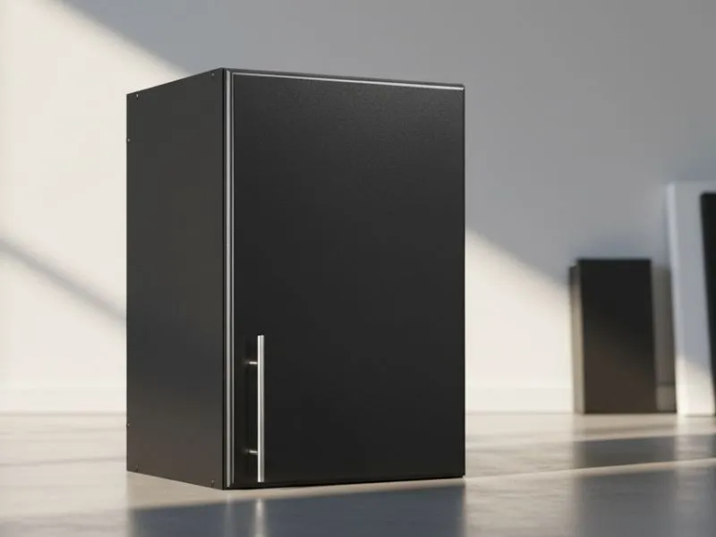 Prepac Elite black flat panel wall cabinet mounted in a modern minimalist kitchen